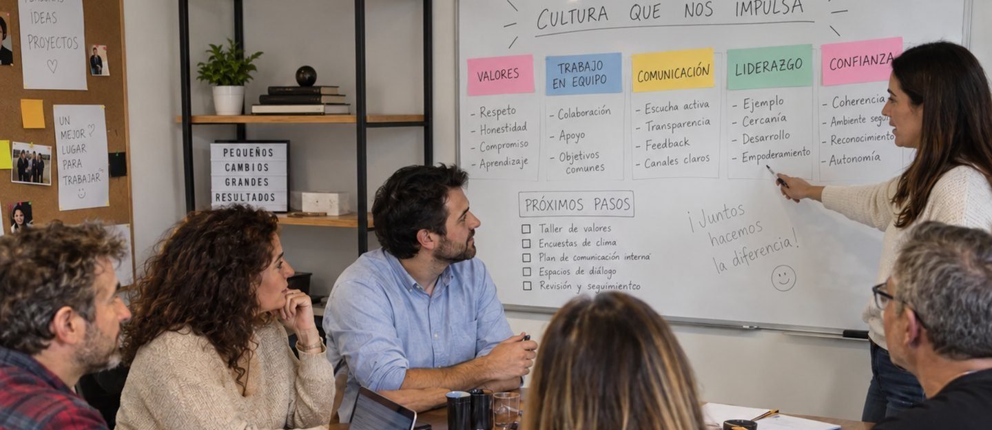 Taller con un equipo: una facilitadora señala en una pizarra blanca los pilares de la cultura (valores, trabajo en equipo, comunicación, liderazgo, confianza) y los próximos pasos, mientras cuatro personas escuchan desde la mesa.